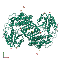 Homo dimeric assembly 3 of PDB entry 2w8q coloured by chemically distinct molecules, front view.