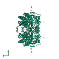 Homo dimeric assembly 3 of PDB entry 2w8q coloured by chemically distinct molecules, side view.