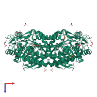 Homo dimeric assembly 3 of PDB entry 2w8q coloured by chemically distinct molecules, top view.