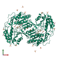 Homo dimeric assembly 3 of PDB entry 2w8r coloured by chemically distinct molecules, front view.