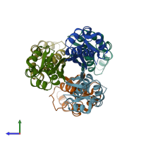 PDB entry 2was coloured by chain, side view.