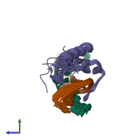 PDB entry 2wcc coloured by chain, ensemble of 20 models, side view.