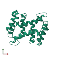 Homo dimeric assembly 3 of PDB entry 2wcf coloured by chemically distinct molecules, front view.