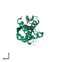 Monomeric assembly 2 of PDB entry 2wcq coloured by chemically distinct molecules, side view.