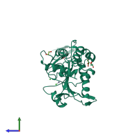 PDB entry 2wkx coloured by chain, side view.