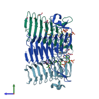 PDB entry 2wlg coloured by chain, side view.