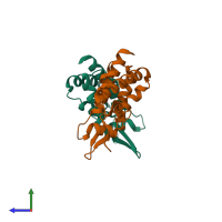 PDB entry 2wlv coloured by chain, side view.
