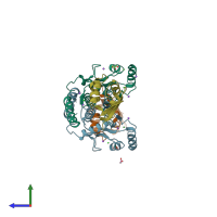PDB entry 2wp0 coloured by chain, side view.