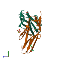 PDB entry 2wp3 coloured by chain, side view.