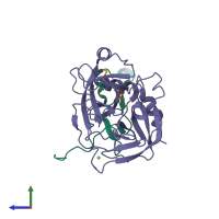 PDB entry 2wpk coloured by chain, side view.