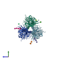 PDB entry 2wr0 coloured by chain, side view.