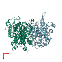 PDB entry 2wu9 coloured by chain, top view.