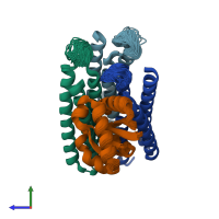 PDB entry 2wwv coloured by chain, ensemble of 91 models, side view.