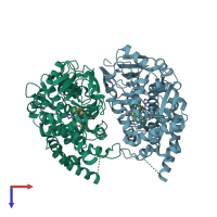 PDB entry 2wx2 coloured by chain, top view.