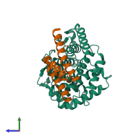 PDB entry 2wy7 coloured by chain, side view.