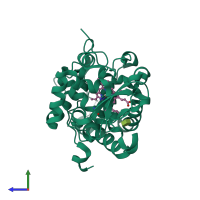 PDB entry 2x08 coloured by chain, side view.