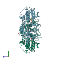 PDB entry 2x0e coloured by chain, side view.