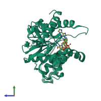PDB entry 2x0j coloured by chain, side view.