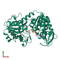 PDB entry 2x14 coloured by chain, front view.