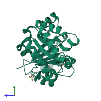Monomeric assembly 1 of PDB entry 2x1u coloured by chemically distinct molecules, side view.
