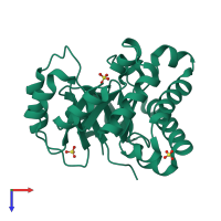 Monomeric assembly 2 of PDB entry 2x1u coloured by chemically distinct molecules, top view.