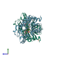 PDB entry 2x22 coloured by chain, side view.