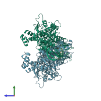 PDB entry 2x24 coloured by chain, side view.