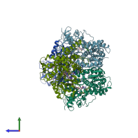 PDB entry 2x2n coloured by chain, side view.