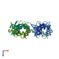 PDB entry 2x5h coloured by chain, top view.