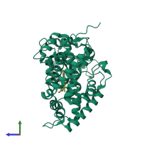 PDB entry 2x5l coloured by chain, side view.