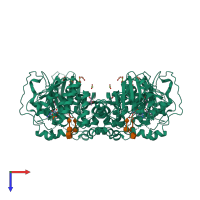 Homo tetrameric assembly 1 of PDB entry 2x61 coloured by chemically distinct molecules, top view.