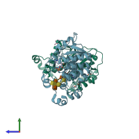 PDB entry 2x61 coloured by chain, side view.