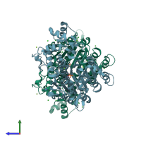 PDB entry 2x98 coloured by chain, side view.