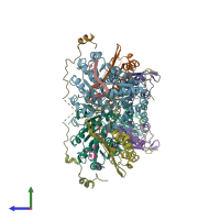 PDB entry 2xb2 coloured by chain, side view.