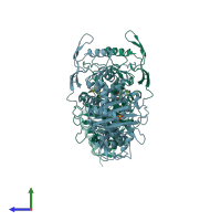 PDB entry 2xd1 coloured by chain, side view.