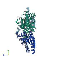 PDB entry 2xd9 coloured by chain, side view.