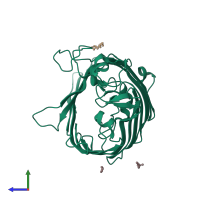 PDB entry 2xe1 coloured by chain, side view.