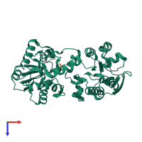 Monomeric assembly 1 of PDB entry 2xe6 coloured by chemically distinct molecules, top view.