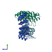PDB entry 2xeh coloured by chain, side view.