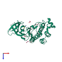 Monomeric assembly 1 of PDB entry 2xez coloured by chemically distinct molecules, top view.