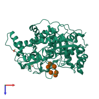 Monomeric assembly 1 of PDB entry 2xfy coloured by chemically distinct molecules, top view.