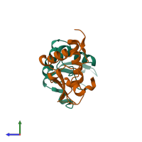 PDB entry 2xi1 coloured by chain, side view.