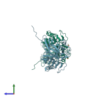 PDB entry 2xi9 coloured by chain, side view.