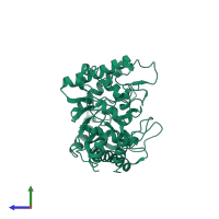 PDB entry 2xis coloured by chain, side view.