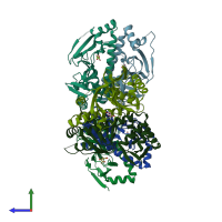 PDB entry 2xkp coloured by chain, side view.