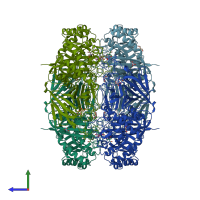 PDB entry 2xn1 coloured by chain, side view.