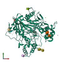 PDB entry 2xqi coloured by chain, front view.