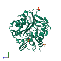 PDB entry 2xt0 coloured by chain, side view.