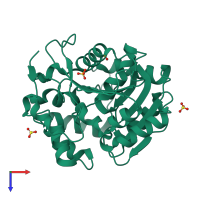 PDB entry 2xt0 coloured by chain, top view.