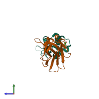 PDB entry 2xt1 coloured by chain, side view.